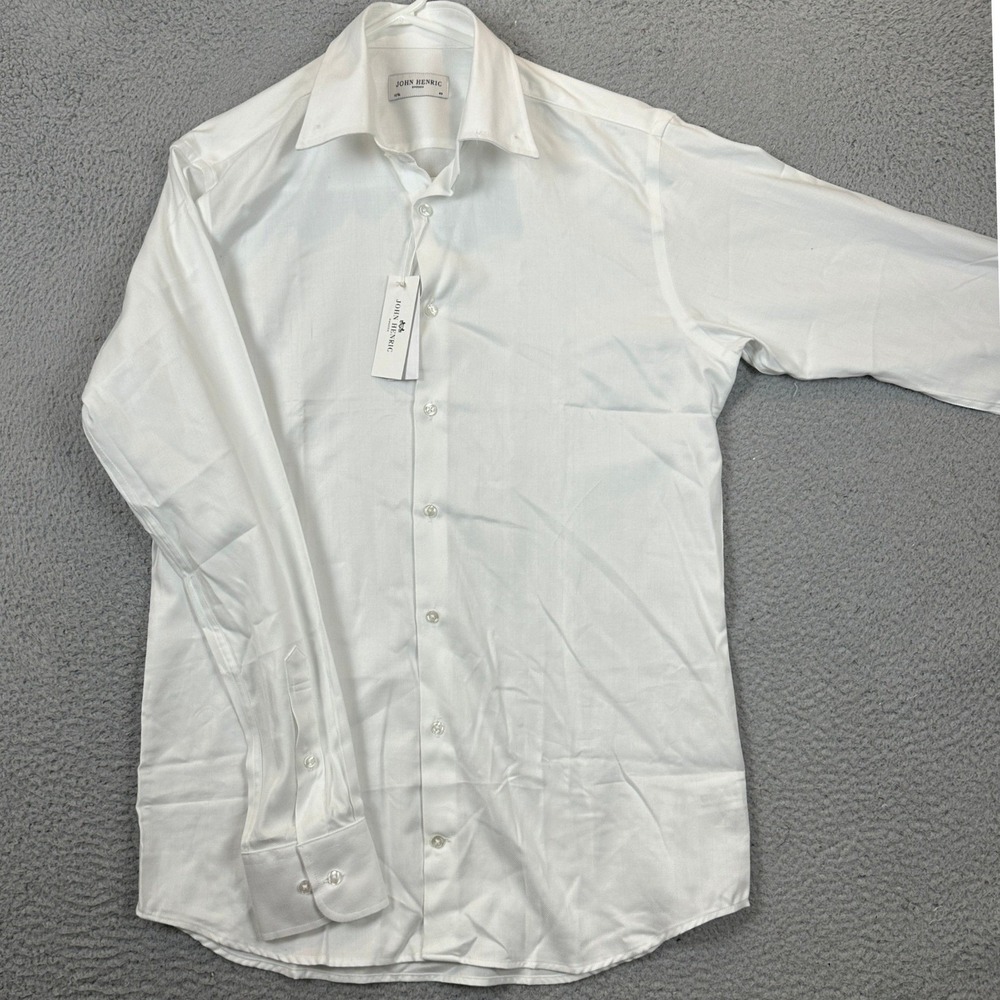 NEW John Henric Twill Shirt Mens 15.5 White Herringbone Dress Button Up Formal